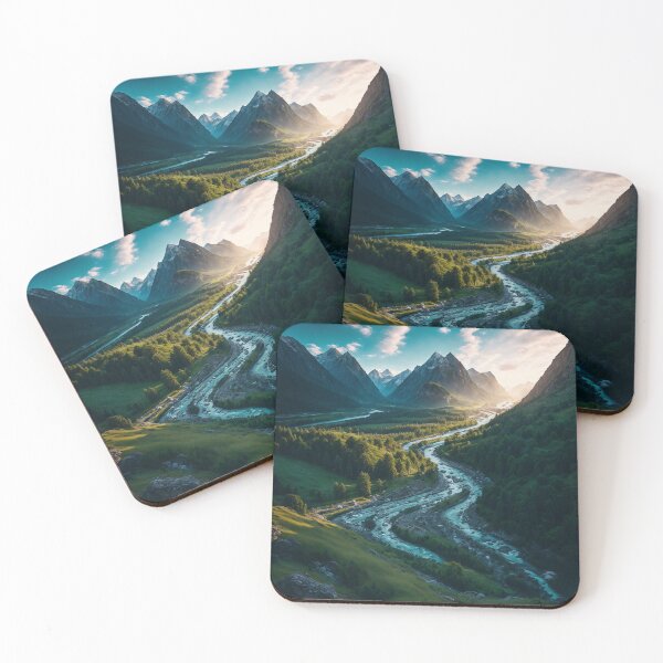 Item preview, A Picturesque Mountain Scene with a Meandering River Flowing Through Lush Valleys, Ai Generated Art designed and sold by AiGens.