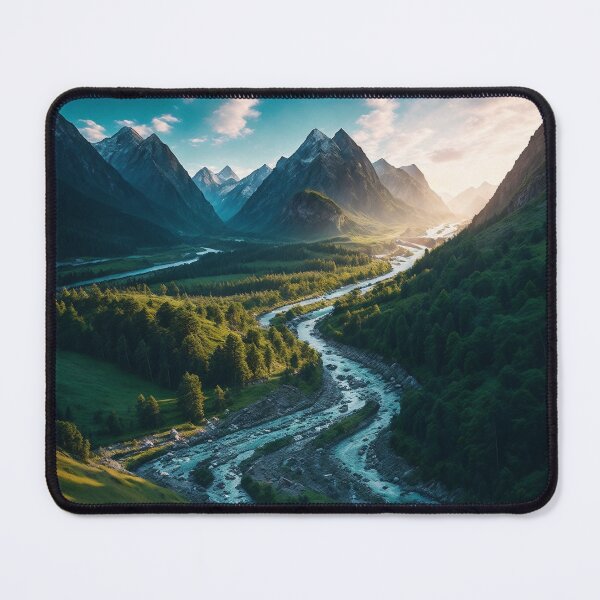 Item preview, A Picturesque Mountain Scene with a Meandering River Flowing Through Lush Valleys, Ai Generated Art designed and sold by AiGens.