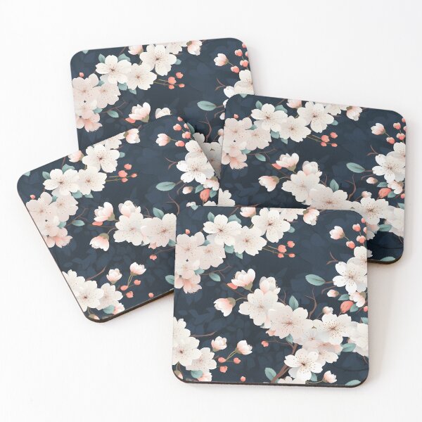 Item preview, Flower Pattern 17, illustrated sakura flowers like fallen snow on a dark navy background, cherry blossoms and buds still on branches, white, pink, blue, green, Japanese flora, textiles, and nature. designed and sold by FoxRobinRabbit.