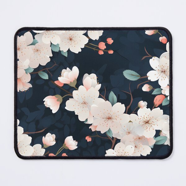 Item preview, Flower Pattern 17, illustrated sakura flowers like fallen snow on a dark navy background, cherry blossoms and buds still on branches, white, pink, blue, green, Japanese flora, textiles, and nature. designed and sold by FoxRobinRabbit.