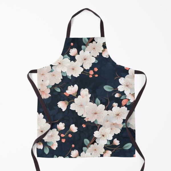 Item preview, Flower Pattern 17, illustrated sakura flowers like fallen snow on a dark navy background, cherry blossoms and buds still on branches, white, pink, blue, green, Japanese flora, textiles, and nature. designed and sold by FoxRobinRabbit.