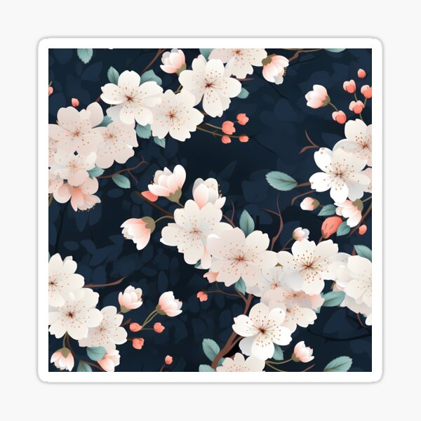 Item preview, Flower Pattern 17, illustrated sakura flowers like fallen snow on a dark navy background, cherry blossoms and buds still on branches, white, pink, blue, green, Japanese flora, textiles, and nature. designed and sold by FoxRobinRabbit.