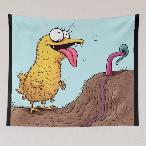 Item preview, Prehistoric Yellow Bird with Bulging Eyes, Fangs, and a Strong Tongue Hunting Earthworms designed and sold by SingularityGeek.