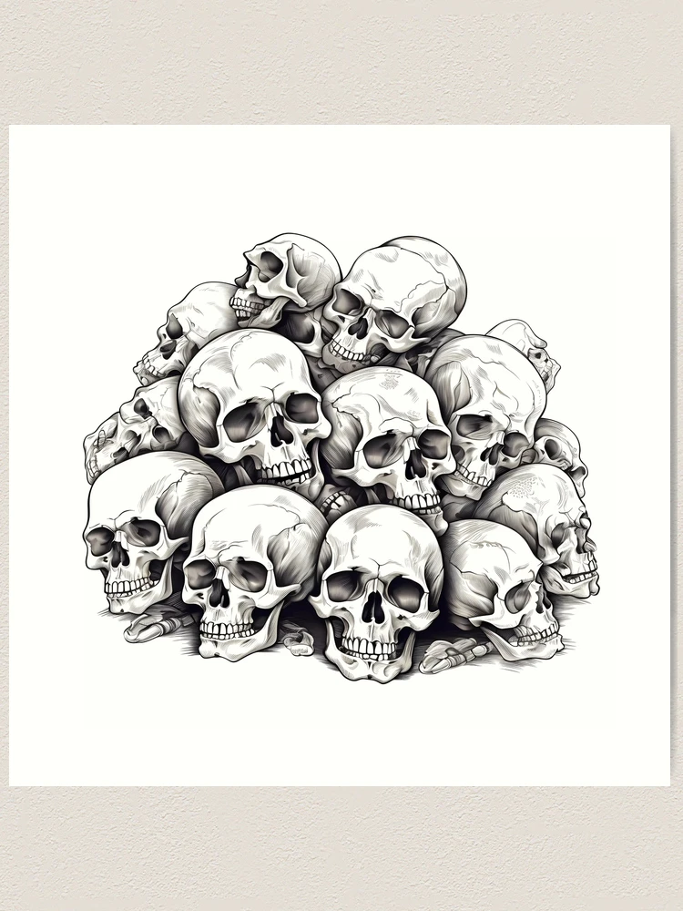 Pile of Skulls, Skeleton Abstract Grayscale Monochromatic Original online Oil Painting, Black and White Artwork, Gray Art,