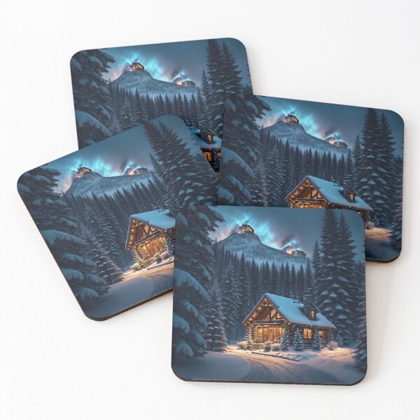 Item preview, A Cozy Mountain Cabin Nestled Amidst a Snowy Forest, with Smoke Gently Rising from the Chimney, Ai Generated Art designed and sold by AiGens.