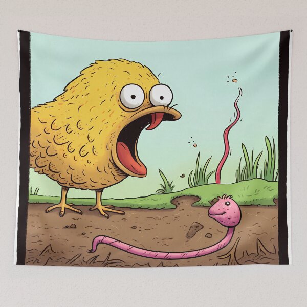 Item preview, Yellow Chick Longing to Eat a Earthworm in a Surrealistic Manner designed and sold by SingularityGeek.