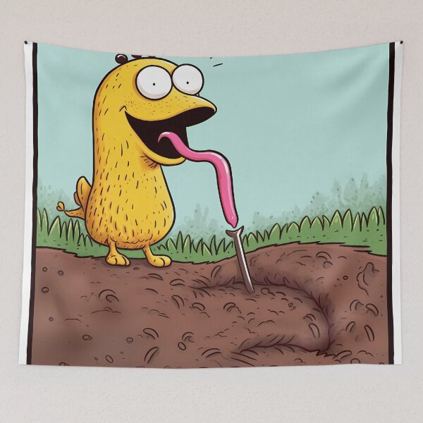 Item preview, Yellow Monster Nailing a Nail into the Ground with Its Tongue designed and sold by SingularityGeek.