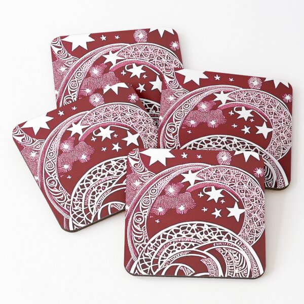 Item preview, Red and white starry night scene linograph folk art designed and sold by Earth Nature Creations.