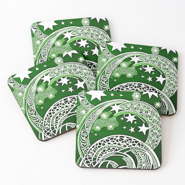 Item preview, Green and white starry night scene linograph folk art designed and sold by Earth Nature Creations.