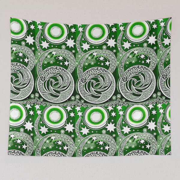 Item preview, Green and white starry night scene linograph folk art designed and sold by Earth Nature Creations.
