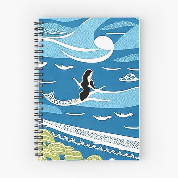 Item preview, Mermaid on the beach linograph folk art designed and sold by Earth Nature Creations.