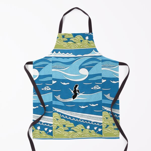 Item preview, Mermaid on the beach linograph folk art designed and sold by Earth Nature Creations.