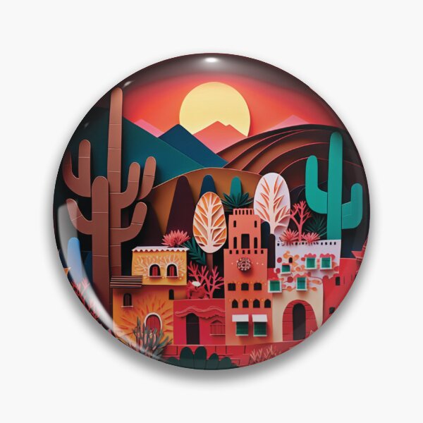 Item preview, beautiful landscape with cactus and mexican town, paper cut style designed and sold by artpapercuts.