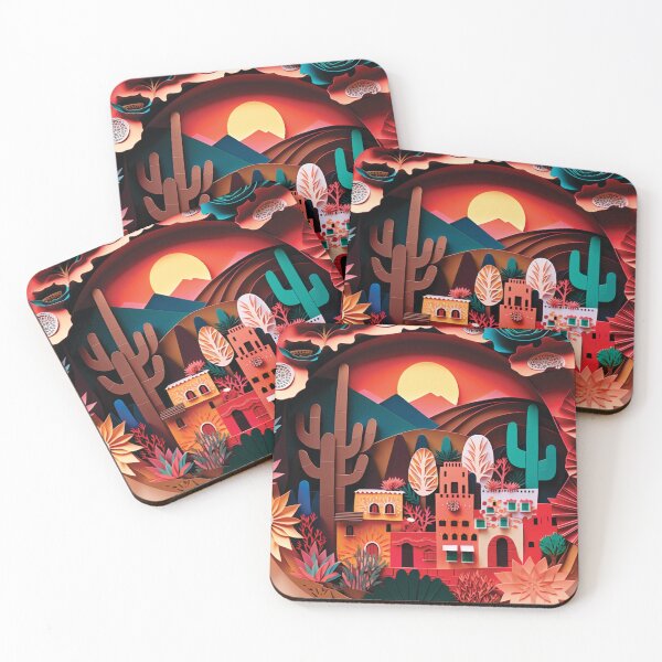 Item preview, beautiful landscape with cactus and mexican town, paper cut style designed and sold by artpapercuts.