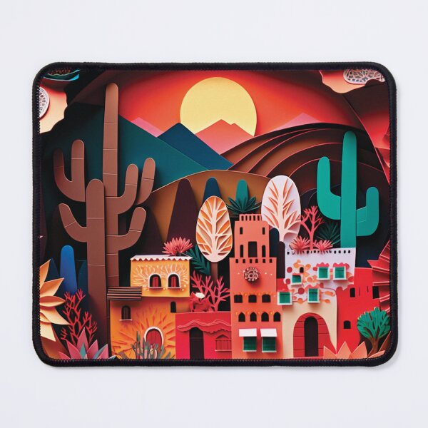 Item preview, beautiful landscape with cactus and mexican town, paper cut style designed and sold by artpapercuts.