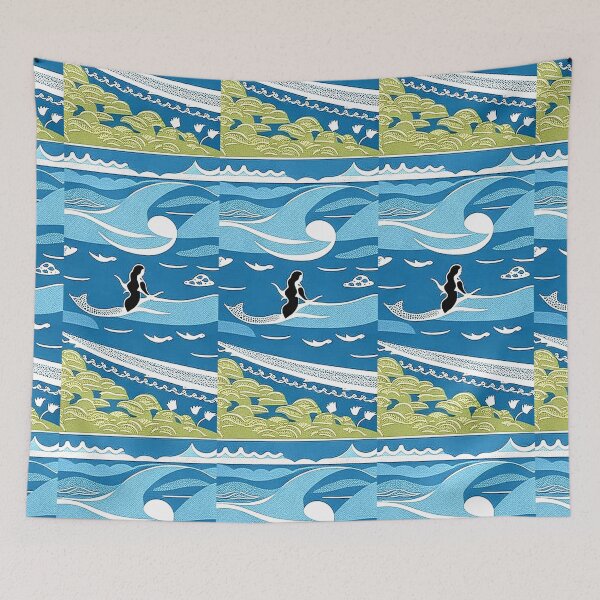 Item preview, Mermaid on the beach linograph folk art designed and sold by Earth Nature Creations.