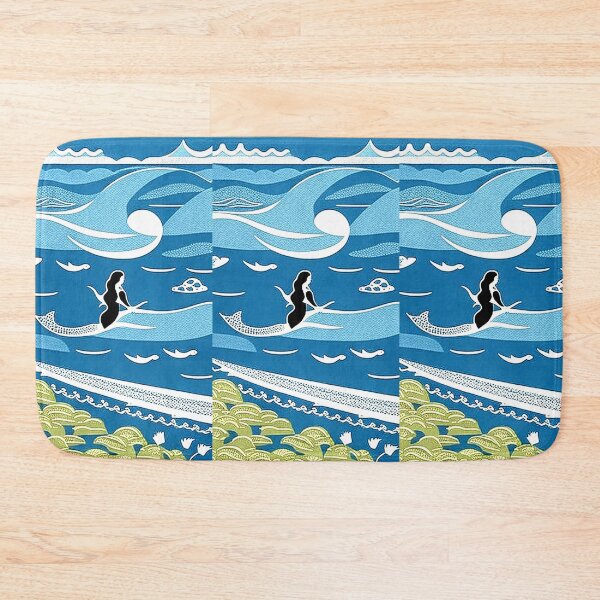 Item preview, Mermaid on the beach linograph folk art designed and sold by Earth Nature Creations.