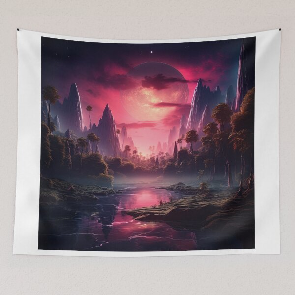 Item preview, a serene synthwave lake surrounded by mountains designed and sold by artyficial-.
