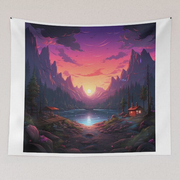 Item preview, sunset over cabines in the wood designed and sold by artyficial-.