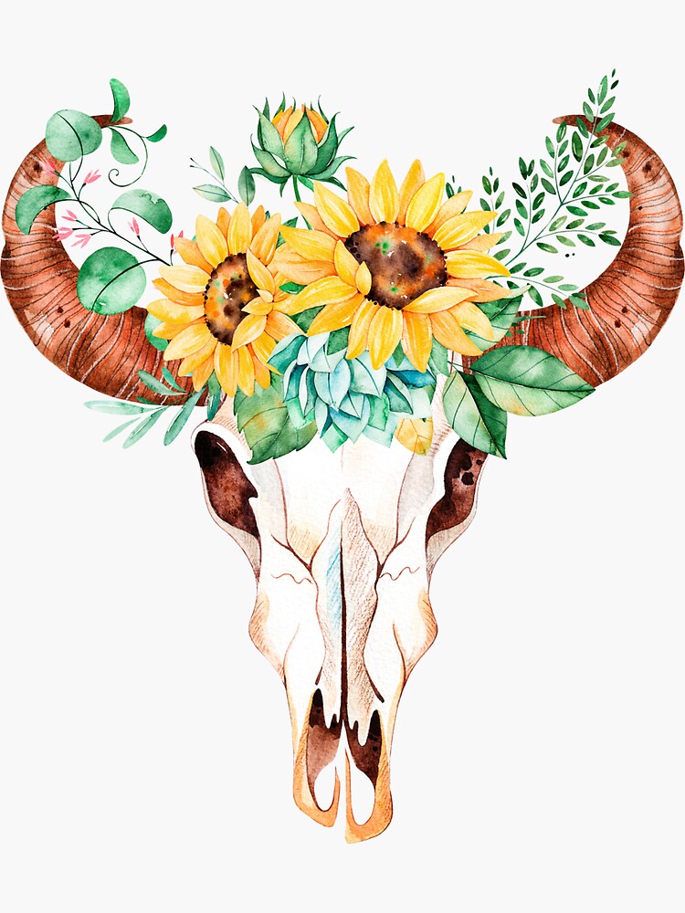 Sunflower bouquet, bull skull, sunflower skull, sunflowers, watercolor, painted sunflowers by SouthPrints