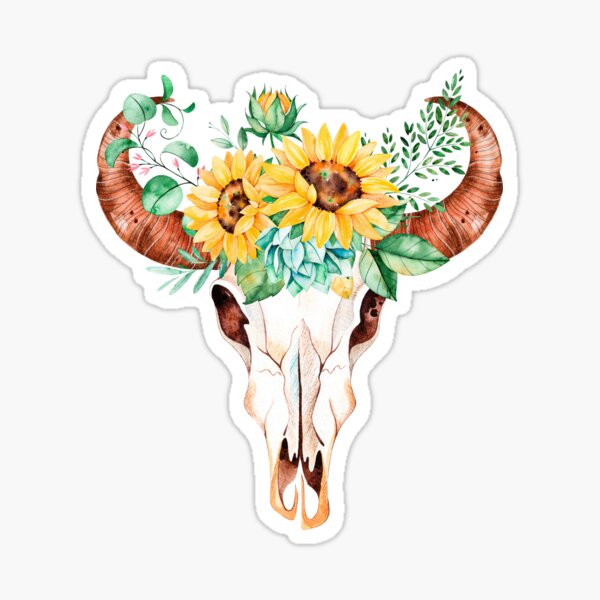 Sunflower bouquet, bull skull, sunflower skull, sunflowers, watercolor, painted sunflowers Sticker