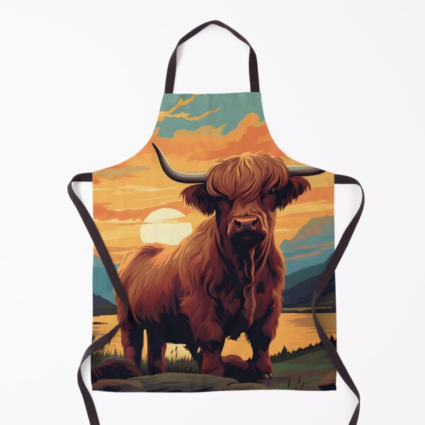 Item preview, Vintage-Inspired Landscape with Scottish Cows | Highland Cattle Sunset Retro Art designed and sold by The Whimsical Homestead.