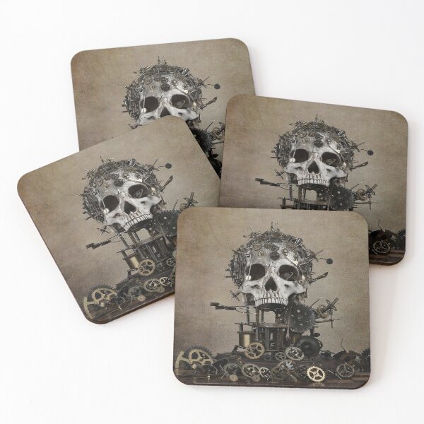 Item preview, Steampunk skull on wooden table with clock gears designed and sold by Cinzia Murgia.