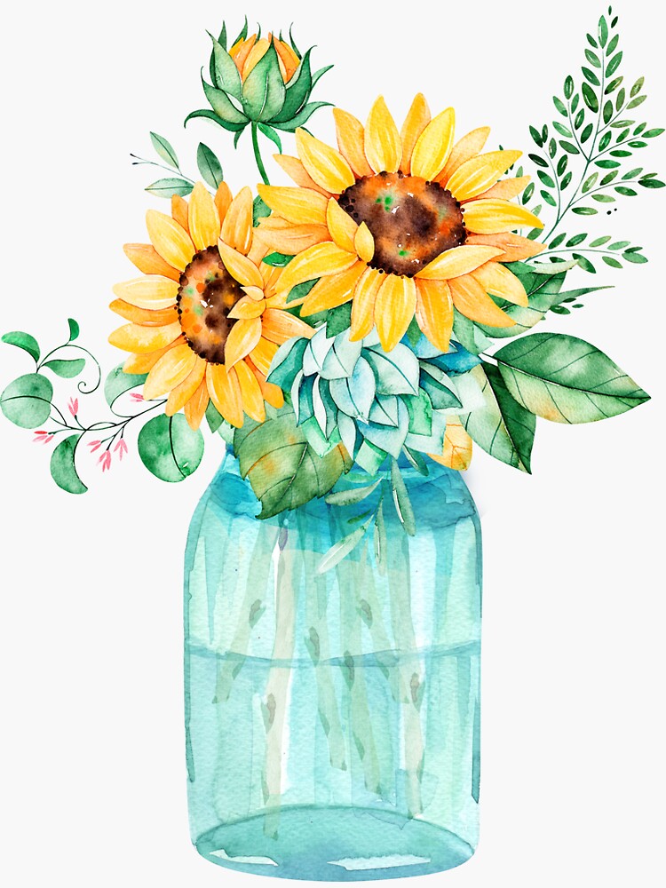  Sunflowers Mason Jar Sunflower Bouquet Watercolor Watercolor 