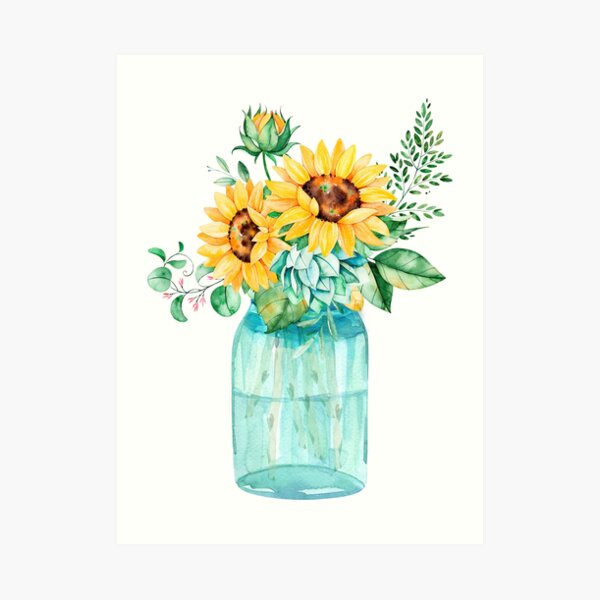 Sunflowers, Mason jar, sunflower bouquet, watercolor, watercolor sunflowers Art Print