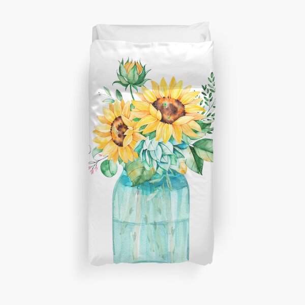 Girasoles, tarro de masón, ramo de girasol, acuarela, girasoles de acuarela Funda nórdica