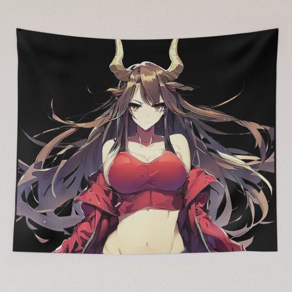 Item preview, Anime beautiful demon girl with horns in red sports bra and coat designed and sold by TomFrontierArt.