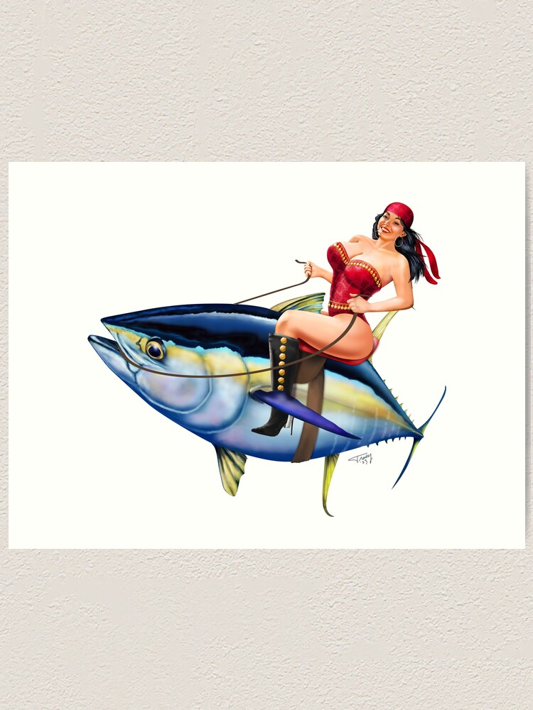 Fishing Pinup Gypsy Girl Riding a Yellowfin Tuna | Art Print