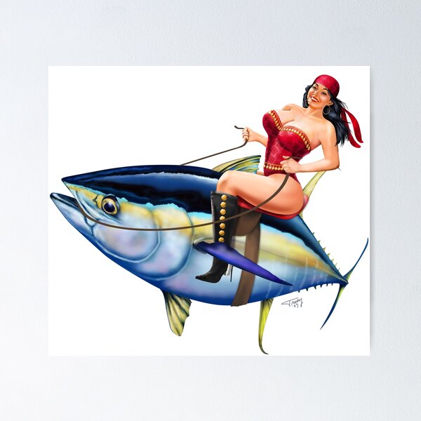 All American Pinup Girl riding a blue marlin Button