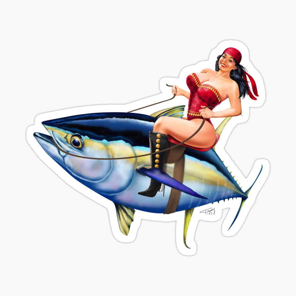 Fishing Pinup Gypsy Girl Riding a Yellowfin Tuna Poster for Sale