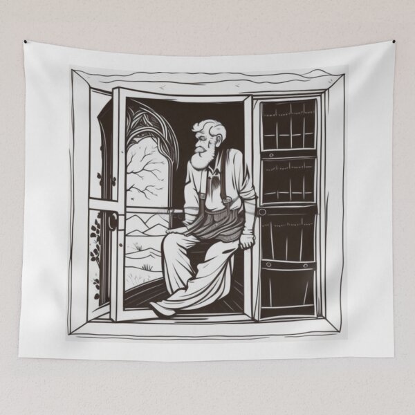 Item preview, An old man hanging in an open window of a schoolhouse designed and sold by ac-virtualshop.