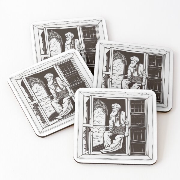 Item preview, An old man hanging in an open window of a schoolhouse designed and sold by ac-virtualshop.
