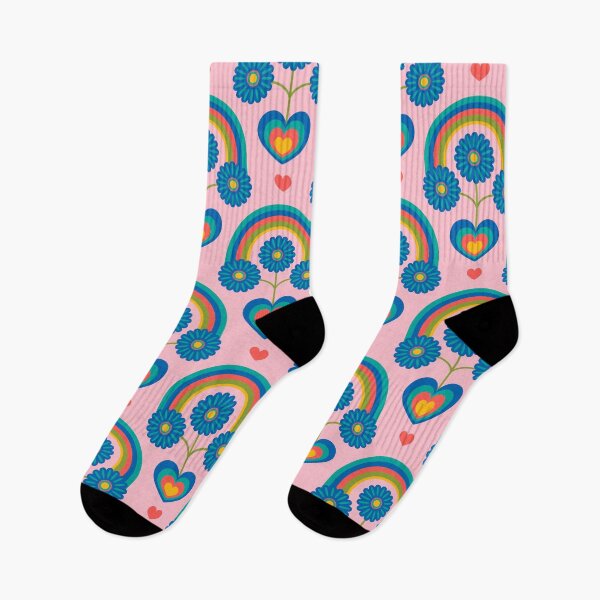 Item preview, UNDER THE RAINBOW Folk Art Mid-Century Modern Scandi Floral ALL-OVER PATTERN With Flowers and Hearts on Pink - UnBlink Studio by Jackie Tahara designed and sold by Jackie Tahara of UnBlink Studio.