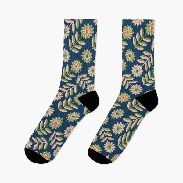 Item preview, LOVE ME LOVE ME NOT Folk Art Mid-Century Modern Scandi Floral ALL-OVER PATTERN With Daisy Flowers and Leaves in Pink Green on Dark Blue - UnBlink Studio by Jackie Tahara designed and sold by Jackie Tahara of UnBlink Studio.
