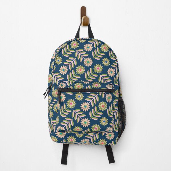 Item preview, LOVE ME LOVE ME NOT Folk Art Mid-Century Modern Scandi Floral ALL-OVER PATTERN With Daisy Flowers and Leaves in Pink Green on Dark Blue - UnBlink Studio by Jackie Tahara designed and sold by Jackie Tahara of UnBlink Studio.