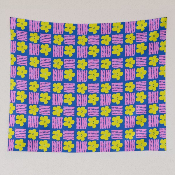 Item preview, Magenta and Chartreuse on Bright Blue Geometric Floral Blockprint designed and sold by springstdesign.
