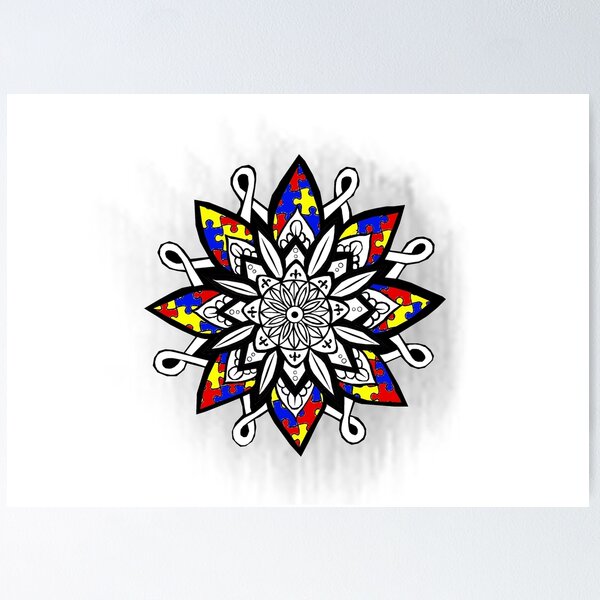 Sticker mural Kaléidoscopique motif floral. Mandala en noir et blanc 
