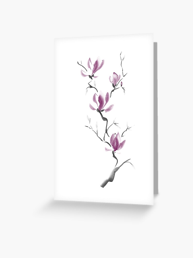 Tarjetas de felicitación «Rama de flores de magnolia púrpura floreciente  Pintura de Zen Sumi-e japonesa sobre arte blanco» de AwenArtPrints |  Redbubble