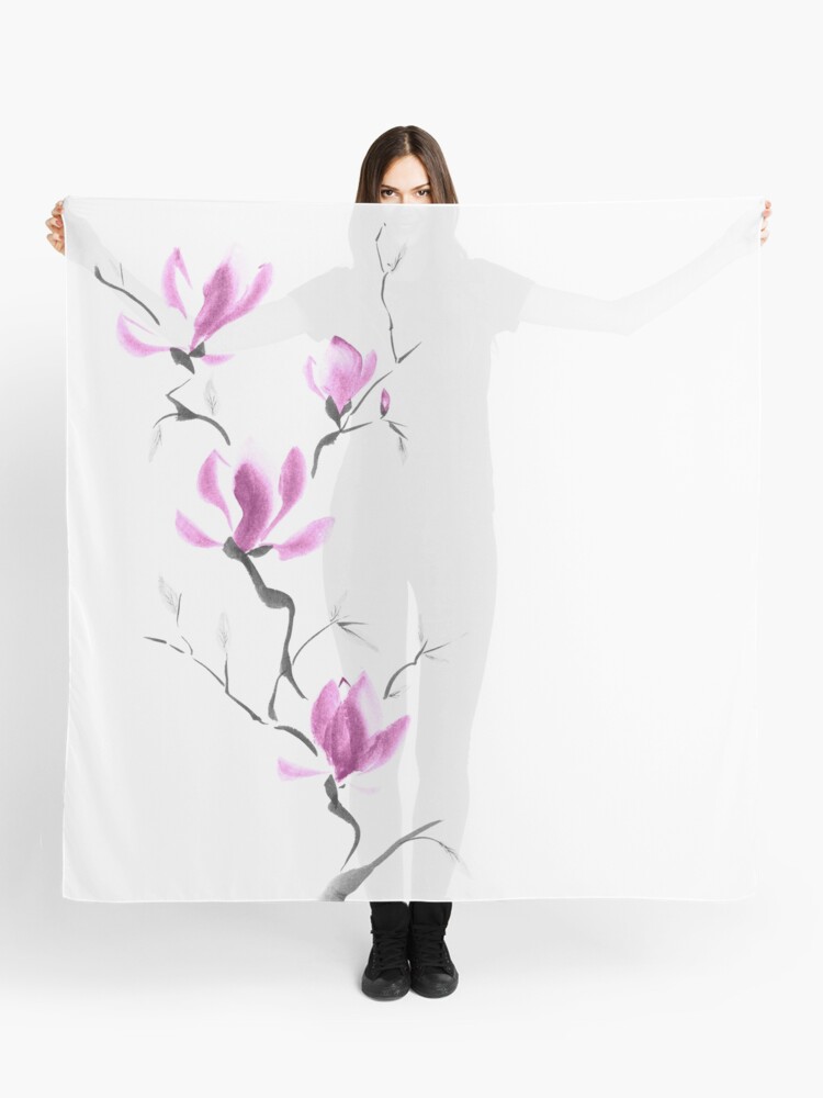 Pañuelo «Rama de flores de magnolia púrpura floreciente Pintura de Zen  Sumi-e japonesa sobre arte blanco» de AwenArtPrints | Redbubble
