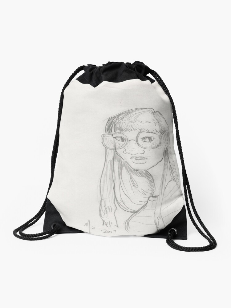 Cute Girl In The Big Circle Glasses Sketch Drawstring Bag