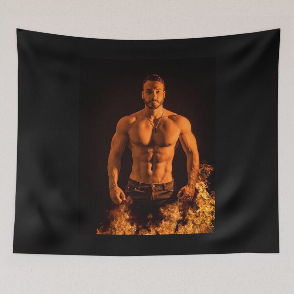Item preview, Muscular shirtless man emerging from fire and flames designed and sold by Mercurius-M.