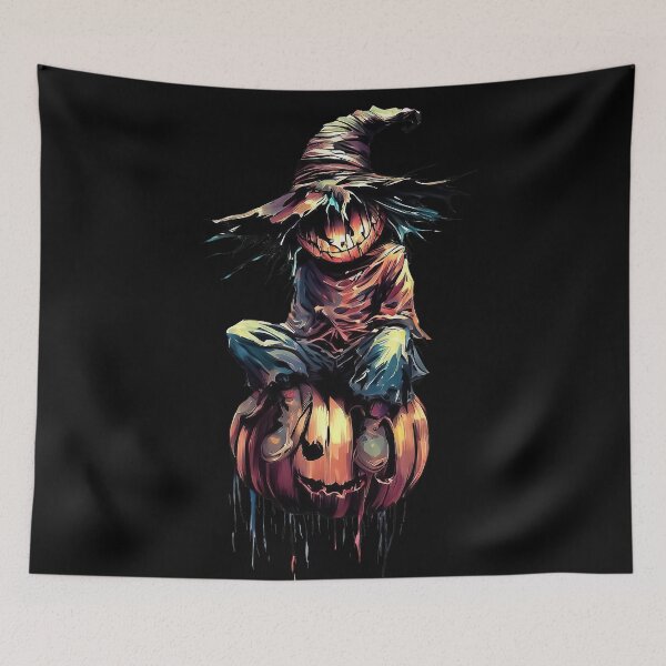 Item preview, Scary pumpkin scarecrow sitting on pumpkin  designed and sold by TomFrontierArt.