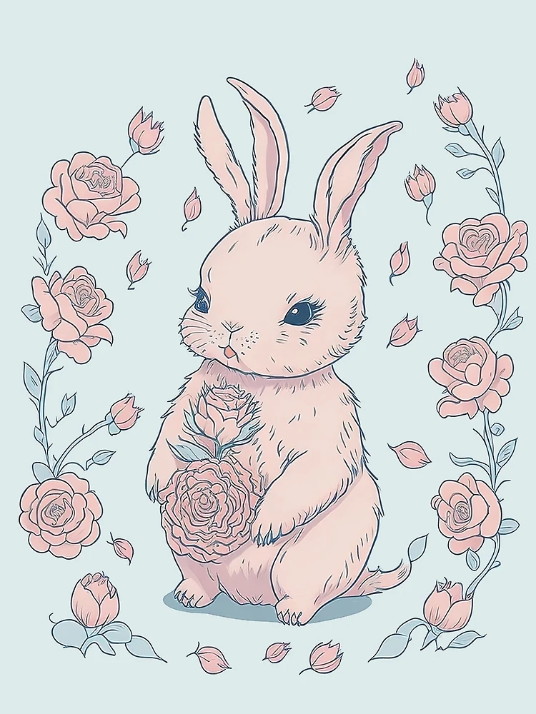 Thumbnail 3 of 3, Poster, Joyful Rabbit & Roses designed and sold by pigipeach.