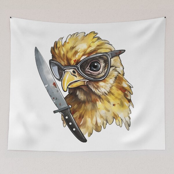 Item preview, Comic chicken chick with a knife. Meme chicken designed and sold by Anastasiia Yurevych.