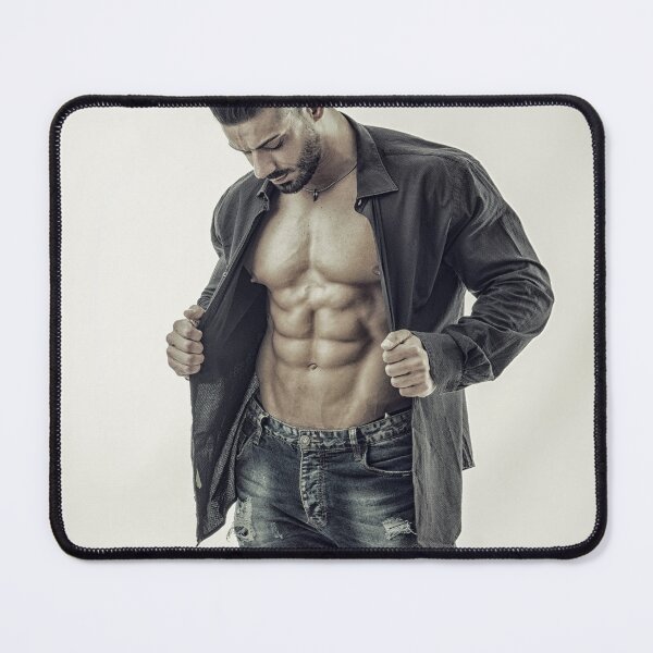 Item preview, Muscular bodybuilder undressing, opening shirt on nude torso designed and sold by Mercurius-M.