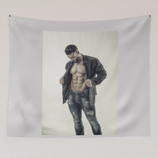 Item preview, Muscular bodybuilder undressing, opening shirt on nude torso designed and sold by Mercurius-M.
